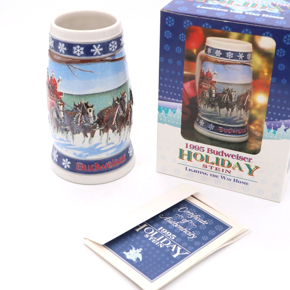 VINTAGE 1995 Budweiser Holiday Stein "Lighting The Way Home" NIB/COA Clydesdales